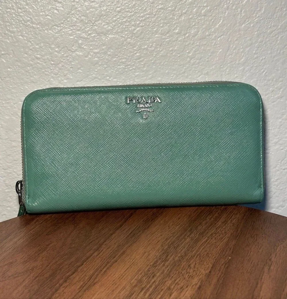 Prada Zip Around Saffiano Leather Long Wallet Green Travel Silver Logo Accent
